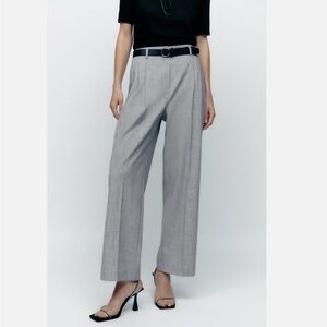 Zara Belted Pleated Pants Trousers In Gray Marl Size XXL NWT